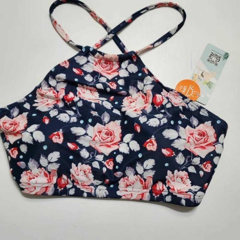Attraco Womens Bikini Top‎ Blue Red Floral Padded Stretch Sun Protection M New